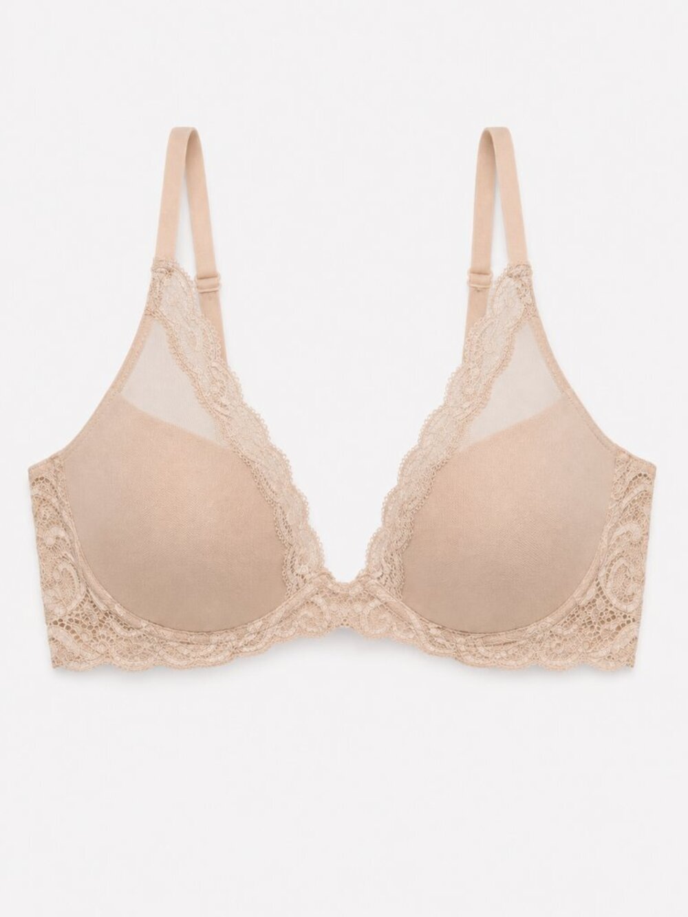 Natori Feathers Plunge T-Shirt Bra 34D Nude Beige Lace 730023 FLAW